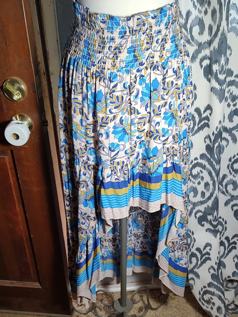 Blue Floral High-Low Smocked Waist Skirt